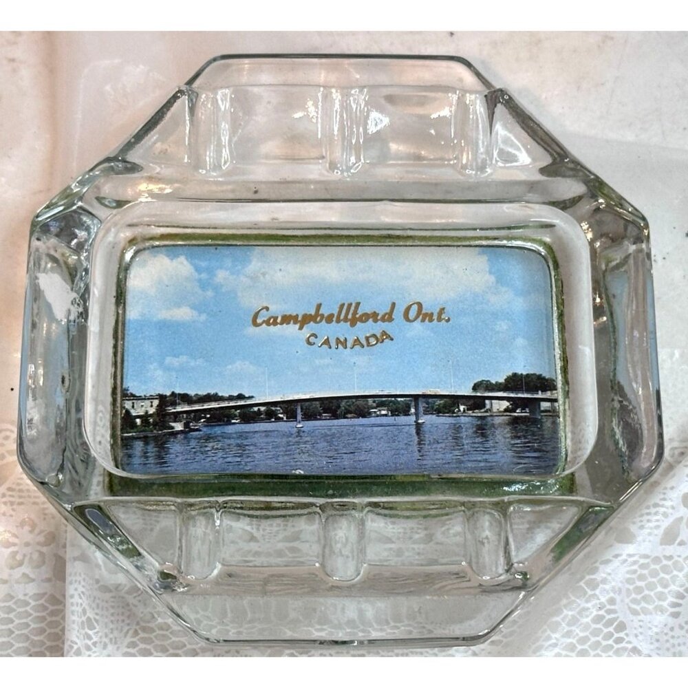 Campbellford Ont Canada Glass Ashtray Scenic Design  trinket dish Cigar Rester